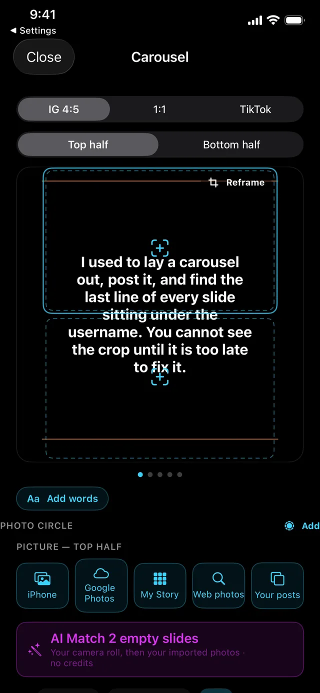 The carousel editor in Split layout, choosing the top half or the bottom half of a slide at Instagram 4:5