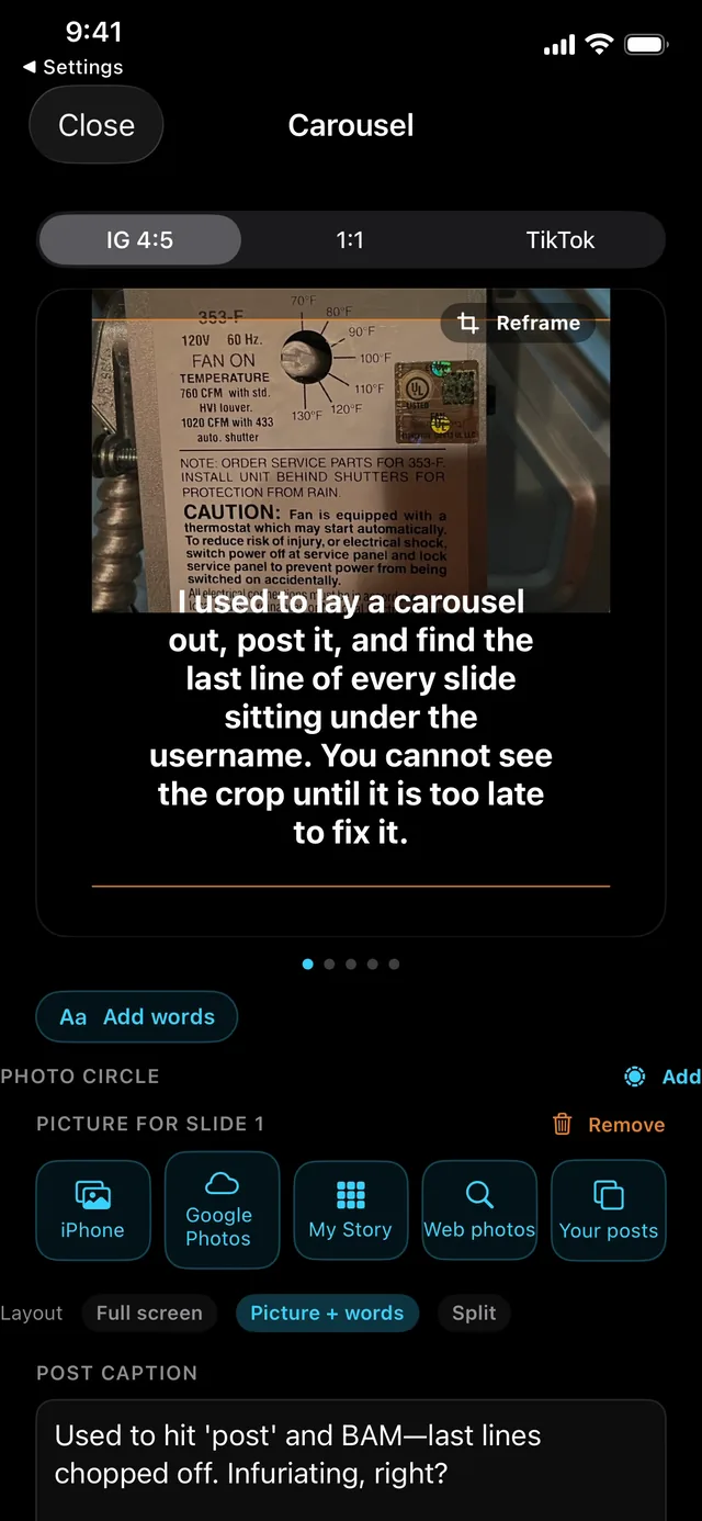 A carousel slide with a photo on top and the words underneath, filled by AI Match