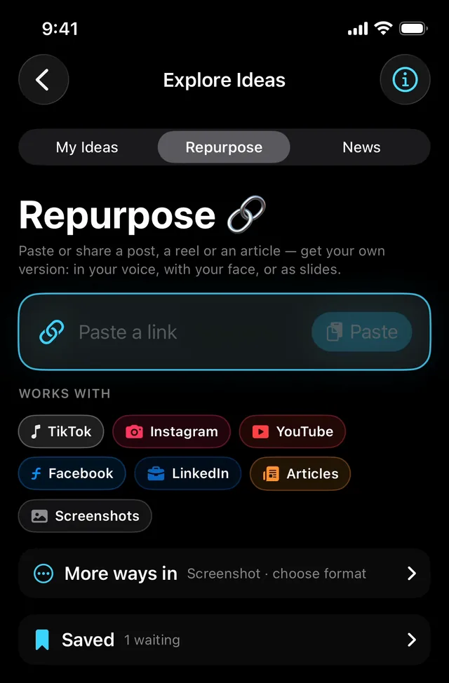 The Repurpose screen: a paste box and WORKS WITH chips for TikTok, Instagram, YouTube, Facebook, LinkedIn, Articles and Screenshots